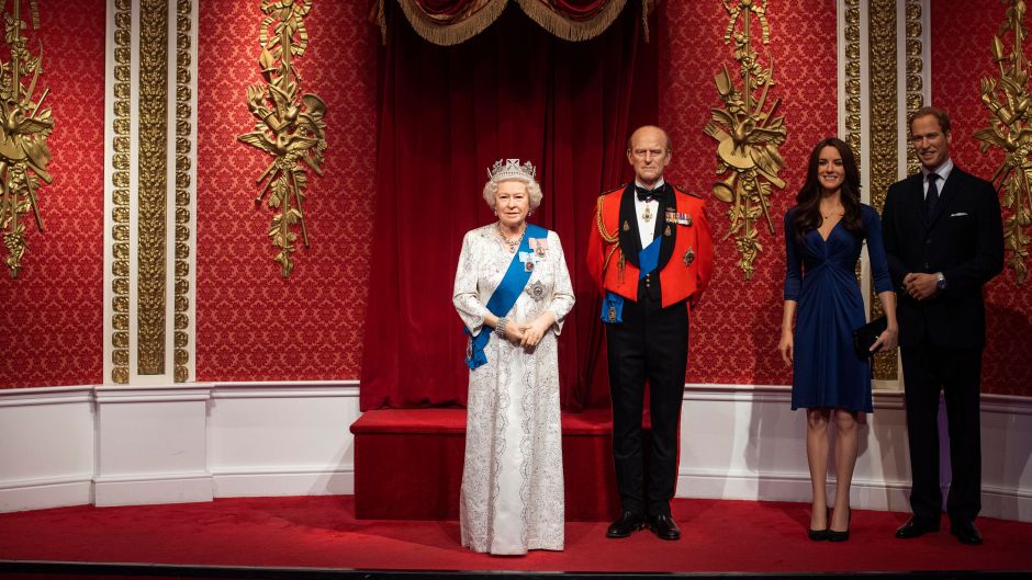 Mandatory Credit: Photo by Victoria Jones/AP/Shutterstock (10521677a)
The empty space after the figures of Britain's Prince Harry and Meghan, Duchess of Sussex, were removed next to Queen Elizabeth II, Prince Philip and Prince William and Kate, Duchess of Cambridge, at Madame Tussauds in London, . Madame Tussauds moved its figures of Prince Harry and Meghan, Duchess of Sussex from its Royal Family set to elsewhere in the attraction
Royals Prince Harry, London, United Kingdom - 09 Jan 2020
