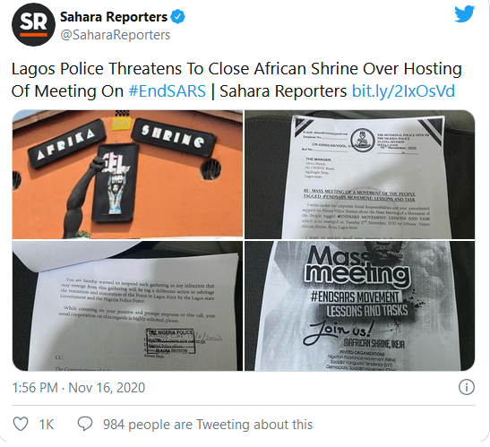 Screenshot 2020 11 17 BREAKING Armed Policemen Block Road Leading To African Shrine Over Planned EndSARS Meeting Sahara Re...