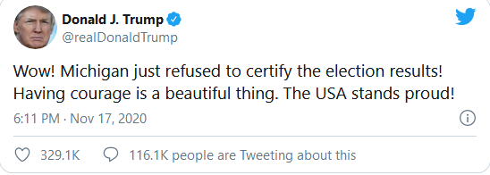 Screenshot 2020 11 18 Having courage is a beautiful thing Trump reacts after Michigan Electoral board refused to certif...