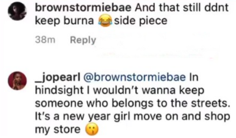 Screenshot 2021 02 13 He belongs to the streets Burna Boy s alleged ex lover Jopearl replies troll who told her she coul...
