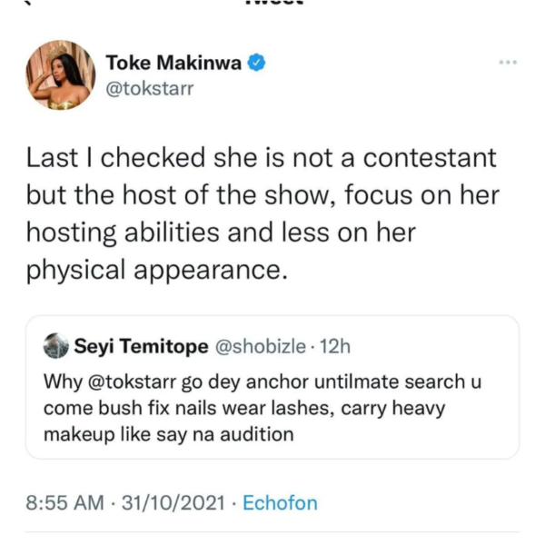Screenshot 2021 11 01 at 09 36 30 Media personality Toke Makinwa replies troll who questioned her choice in appearance whi...