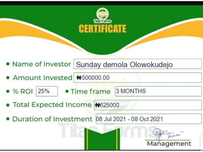 Sunday Olowokudejos investment certificate
