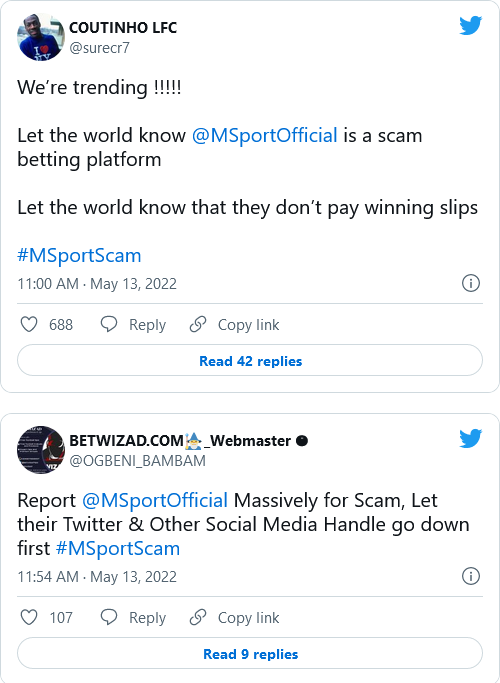 Screenshot 2022 05 13 at 18 30 46 Msportscam Nigerians accuse sports betting platform MSport of fraud