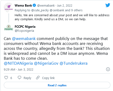 Screenshot 2022 06 04 at 13 07 33 FCCPC Asks Wema Bank to Come Clean on Strange Messages to Non Customers