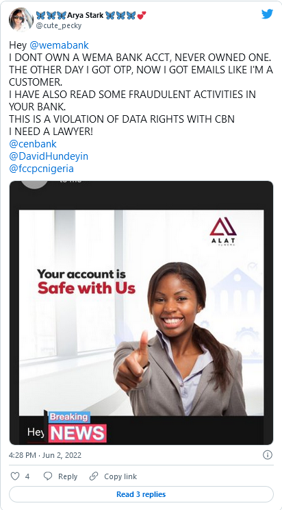 Screenshot 2022 06 04 at 13 08 15 FCCPC Asks Wema Bank to Come Clean on Strange Messages to Non Customers