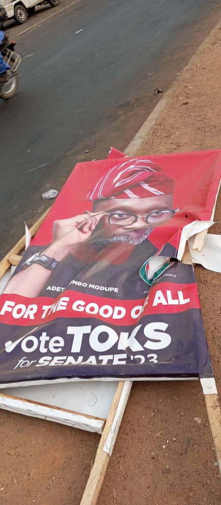 adetokunbo modupe, ondo north senatorial candidate under the pdp had his billboards and other ads destroyed by apc thugs1