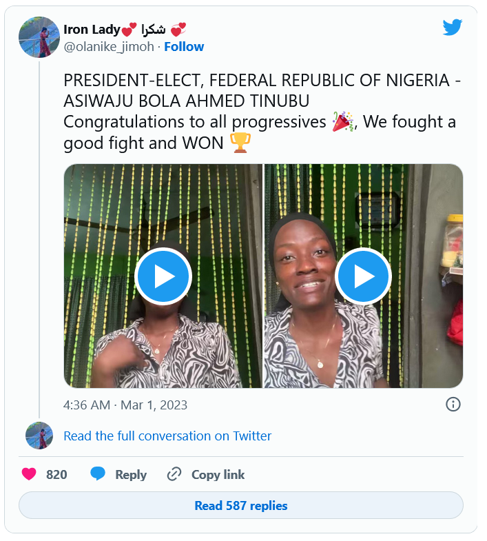 Screenshot 2023 03 07 at 15 47 49 Nigerian Lady Sacked For Celebrating Tinubus Victory Watch Video AmiLoaded News