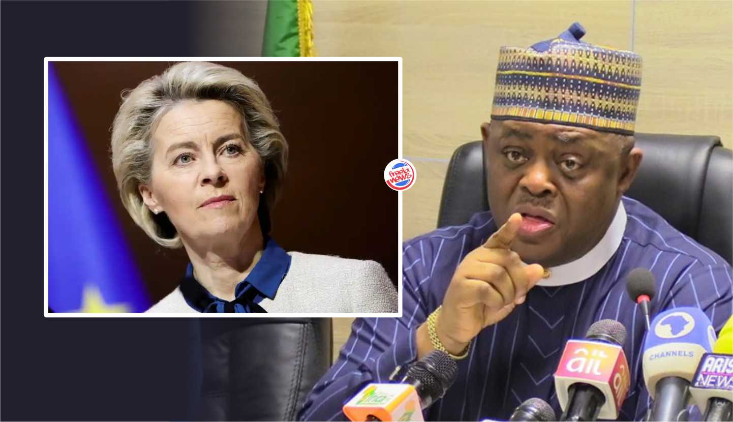 Femi Fani-Kayode attacks EU over report (inset: Ursula von der Leyen, president of EU commission)