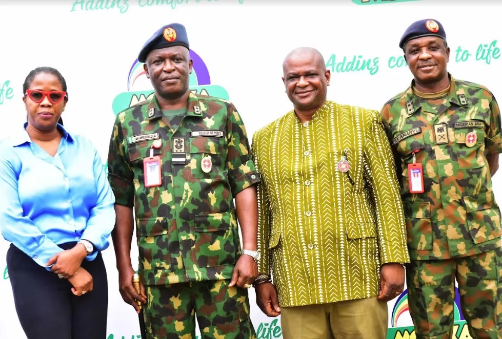 From Left: Ifeoma Okoruen, Head, Human Resource and Admin., Mouka Limited; with Air Vice Marshal Adeniyi Herbert Ameshinlola, Commandant, Nigerian Armed Forces Resettlement Centre (NAFRC), Oshodi; Dimeji Osingunwa, Chief Commercial Officer, Mouka Limited; and Major General Emmanuel Anaryu, Officer, NAFRC; during the courtesy visit of the Commandant and his team from NAFRC to Mouka Limited’s Head Office in Lagos, on Tuesday, 28th November, 2023.
