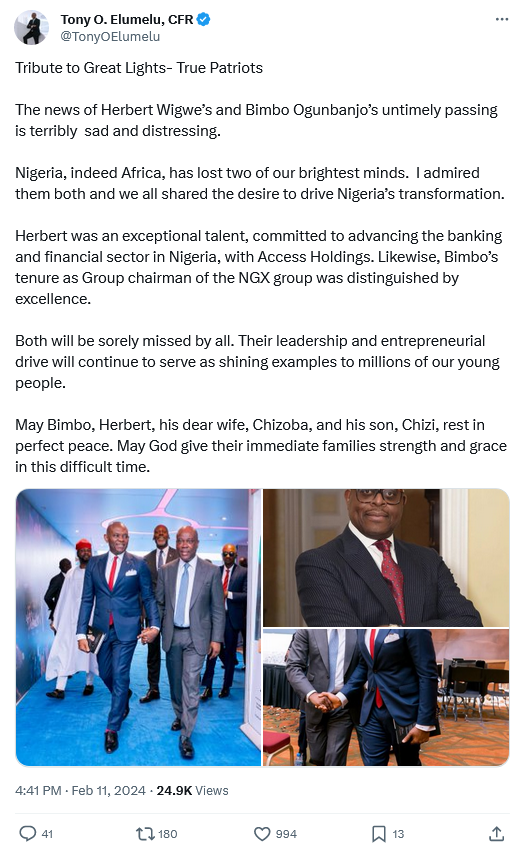2024 02 11 at 17 35 05 1 Tony O Elumelu CFR on X Tribute to Great Lights True Patriots The news of Herbert Wigwes and Bimbo Ogunbanjos untimely passing is terribly sad and distressing Nigeria inde