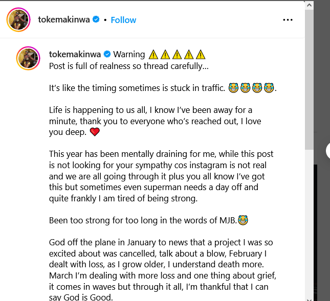 2024 03 30 at 14 46 14 Toke Makinwa on Instagram Warning ⚠️⚠️⚠️⚠️⚠️ Post is full of realness so thread carefully Its like the timing sometimes is stuck in traffic 😂😂😂😂 Life is happening to us all