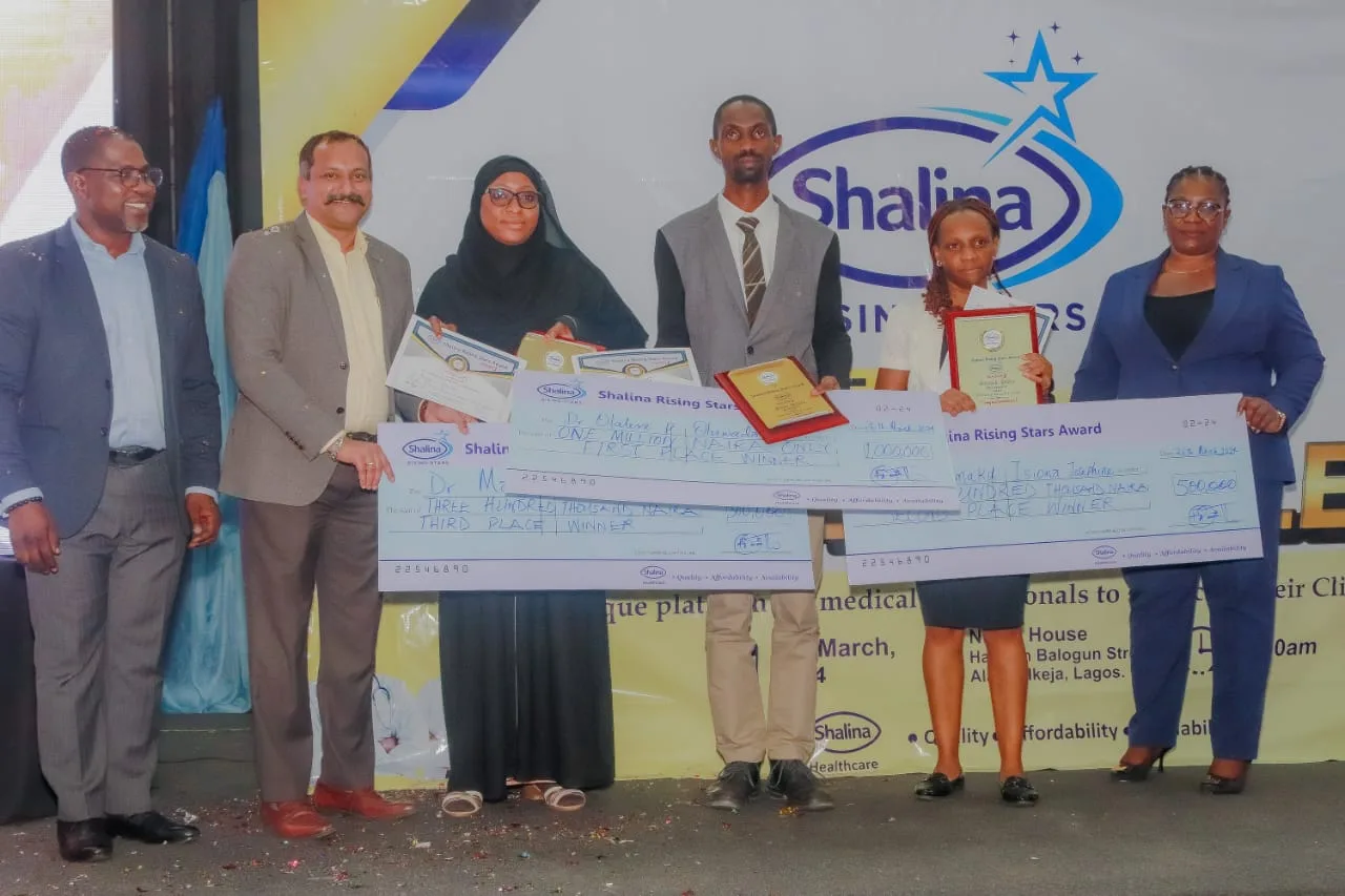 From Left-Right: Folorunso Alaran, Head Corporate Marketing, & Key Accounts, Shalina Healthcare; Arun Raj, Chief Commercial Officer/Pharma Head, West Africa, Shalina Healthcare; Dr. Maryam Abdullahi, Second Runner Up, Shalina Rising Stars Contest Season 3; Dr. Lere Oluwadate, Grand Winner of Shalina Rising Stars Award Season 3; Dr. Josephine Onumaku, First Runner Up, Shalina Rising Stars Award Season 3; and Mrs. Opeyemi Akinyele, MD, Shalina Healthcare, Nigeria at the Grand Finale of Shalina Rising Stars Award Season 3 in Lagos on Tuesday.