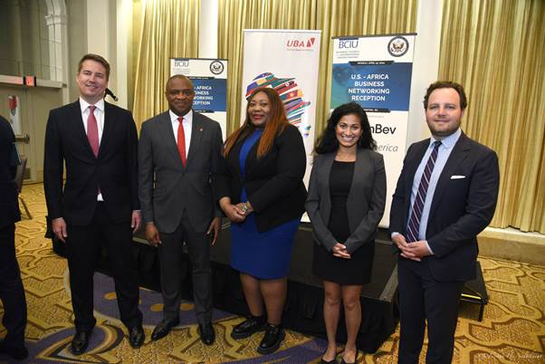 l-r: Vice President, Corporate Affairs, AB InBev, Andrew Whiting; Group Managing Director/CEO, United Bank for Africa; Oliver Alawuba ; Chief Executive Officer, UBA America, Sola Yomi-Ajayi; Deputy Assistant Secretary of State for Africa, United States Department of State, Joy Basu; Vice President, Business Council for International Understanding(BCIU), Pete Nonis; at the BCIU and US Department of State Networking Reception, sponsored by UBA America on the sidelines of the IMF- World Bank Meetings in Washington DC on Monday
