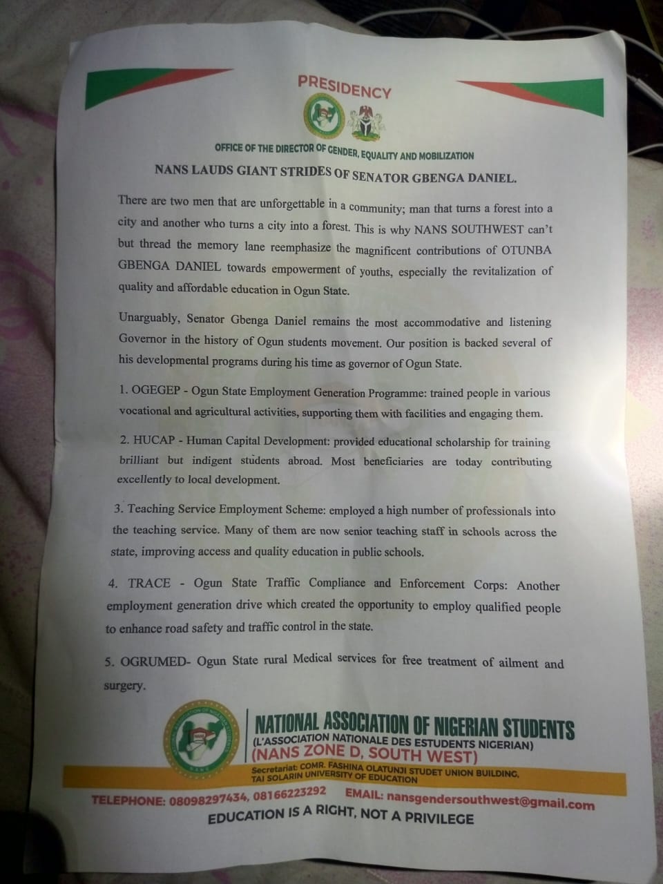 Ignore your traducers, NANS tells Gbenga Daniel, lists fmr governor achievements