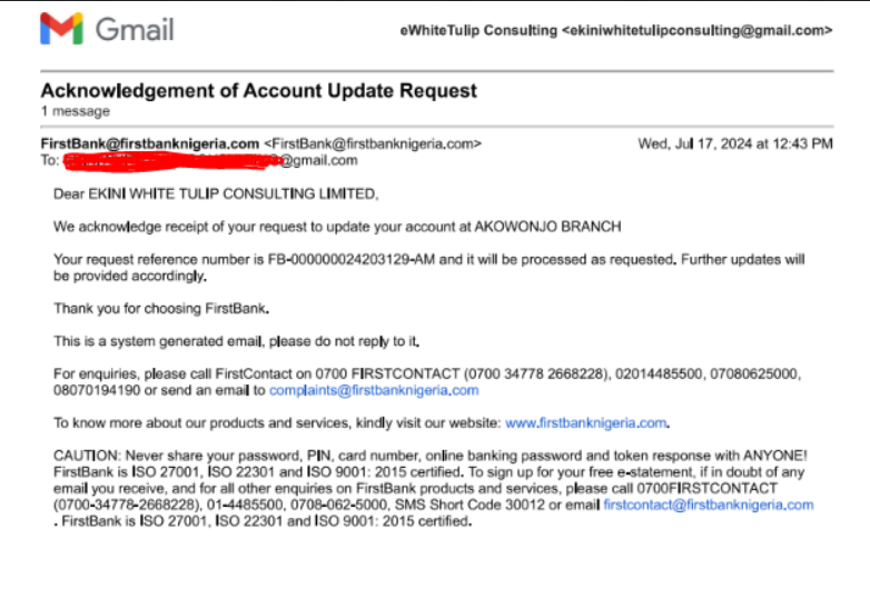 First Bank account restriction