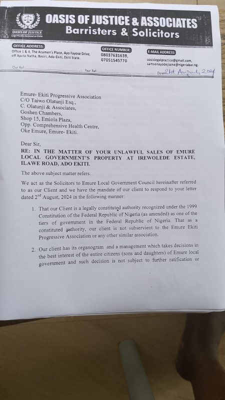 Emure Local Government property sale