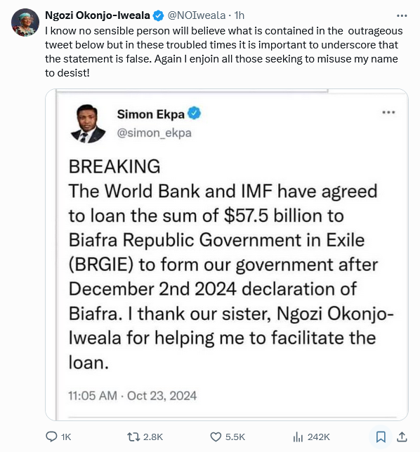 Okonjo-Iweala refutes Biafra leader's false claims