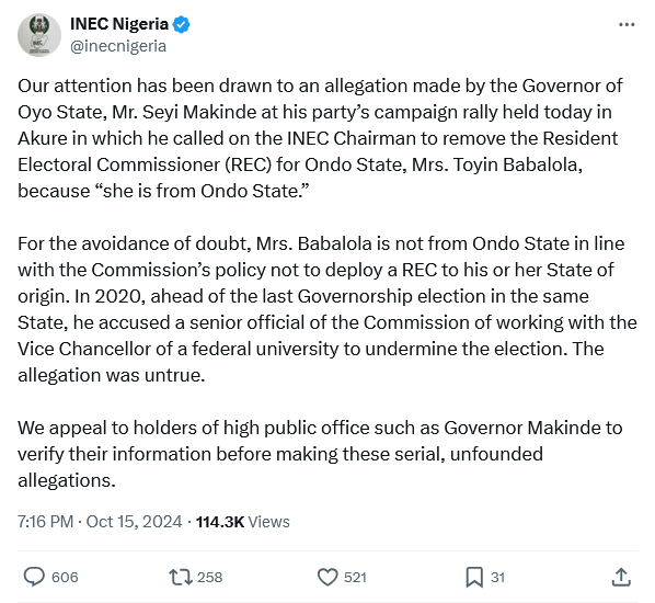 INEC cautions Governor Seyi Makinde