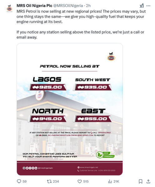 MRS petrol price reduction