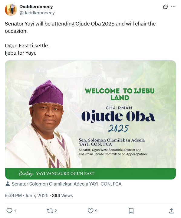 Screenshot 2025 06 11 at 11 07 16 1 Daddierooneey on X Senator Yayi will be attending Ojude Oba 2025 and will chair the occasion. Ogun East ti settle. Ijebu for Yayi. https t.co coFwMItvpv X
