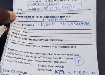 Lagos tow fine scandal raises outrage as motorists are asked to pay N100,000 into a private firm’s account, sparking concerns over transparency Q uestions have been raised following a growing Lagos tow fine scandal that exposed motorists being asked to pay hefty fines into a privately owned account. The controversy began when a Toyota Highlander without a number plate was seized and fined N100,000. Shockingly, the fine was directed into a Keystone Bank account belonging to Waoh Global Logistics Services, a private firm. The ticket, which referenced the Transport Sector Reform Law & Regulations 2018, contained glaring errors including the word “paid” misspelt as “pais.” No specific offence was listed on the document. Further scrutiny showed a revenue code (4080023), agency code (4390000) and a payment ID (C-1114875) inscribed, while the enforcement officer identified only as Afeez instructed the vehicle owner to “remove all valuables.” Investigations revealed Waoh Global Logistics Services was only incorporated on 9 October 2024 with RC 7992794, less than a year before this fine, raising serious transparency concerns. Also read: Attempted car theft using LASTMA towing vehicle foiled by alert neighbours (Video) The incident, recorded on 14 August 2025 in Lagos, has sparked outrage among the public who are questioning why government fines are directed to a private company.