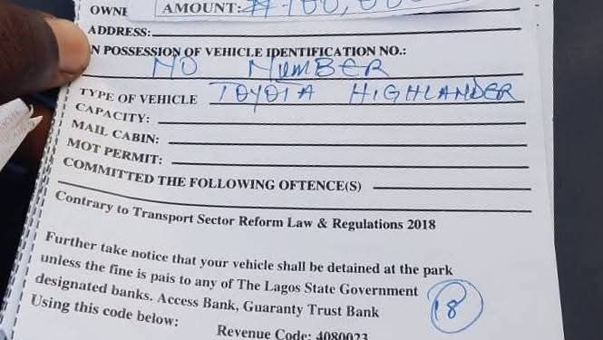 Lagos tow fine scandal raises outrage as motorists are asked to pay N100,000 into a private firm’s account, sparking concerns over transparency Q uestions have been raised following a growing Lagos tow fine scandal that exposed motorists being asked to pay hefty fines into a privately owned account. The controversy began when a Toyota Highlander without a number plate was seized and fined N100,000. Shockingly, the fine was directed into a Keystone Bank account belonging to Waoh Global Logistics Services, a private firm. The ticket, which referenced the Transport Sector Reform Law & Regulations 2018, contained glaring errors including the word “paid” misspelt as “pais.” No specific offence was listed on the document. Further scrutiny showed a revenue code (4080023), agency code (4390000) and a payment ID (C-1114875) inscribed, while the enforcement officer identified only as Afeez instructed the vehicle owner to “remove all valuables.” Investigations revealed Waoh Global Logistics Services was only incorporated on 9 October 2024 with RC 7992794, less than a year before this fine, raising serious transparency concerns. Also read: Attempted car theft using LASTMA towing vehicle foiled by alert neighbours (Video) The incident, recorded on 14 August 2025 in Lagos, has sparked outrage among the public who are questioning why government fines are directed to a private company.