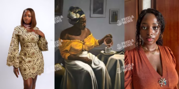 Eunice Akintayo Ayodeji painting in her studio at EuniceAkins Art, surrounded by vibrant oil colours and a fresh canvas.