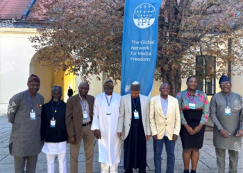 From left Mr Fagbian Johson, Rafiu Ajakaiye,Prof Sule Y Sule, Mr Raheem Adedoyin, Hon Minister of Information Muhd Idris, Malam Garba Shehu, MS Osindele Oluwatimofeand Mr Steve Ayorinde at the 75 Anniversary of the International Press Institute IPI today in Vienna, Austria.
