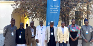 From left Mr Fagbian Johson, Rafiu Ajakaiye,Prof Sule Y Sule, Mr Raheem Adedoyin, Hon Minister of Information Muhd Idris, Malam Garba Shehu, MS Osindele Oluwatimofeand Mr Steve Ayorinde at the 75 Anniversary of the International Press Institute IPI today in Vienna, Austria.
