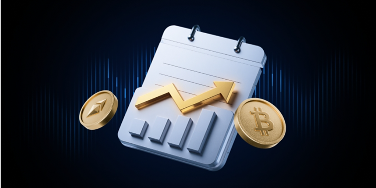 Bitcoin and Ethereum cryptocurrencies with a rising graph on a notepad, symbolising digital currency growth and investment trends.