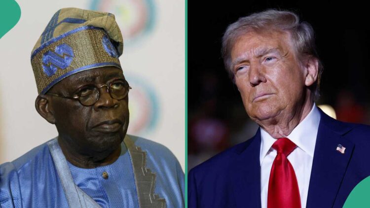 Elderly African man wearing traditional blue attire and glasses alongside a portrait of Donald Trump in a dark setting.