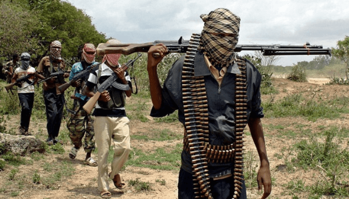 A group of armed men, some with facial coverings, walking through an open rural landscape, carrying weapons and ammunition, highlighting conflict or militia activity in a remote area.