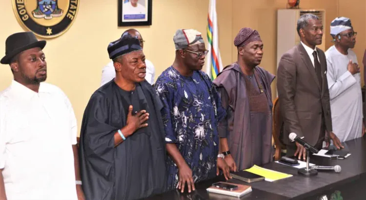 Somali officials and government representatives during a formal meeting or press conference at Freelanews headquarters, showcasing political leadership and governance.