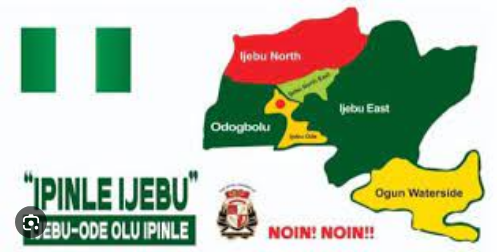 Map of Ijele Jebu in Nigeria showing regional divisions with labels Ijelu North, Ijebul East, Odogbolu, Ogun Waterside, and a prominent slogan; highlighting local geographic and cultural features.