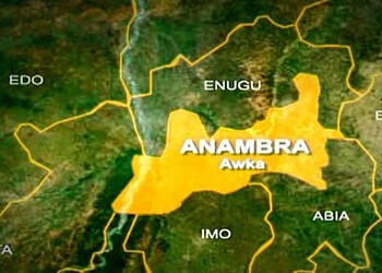 Anambra State highlighted on a map of Nigeria, showing its neighbouring states including Enugu, Eboniyi, Abia, and Imo, with Anambra's capital, Awka, marked prominently for geographical context.