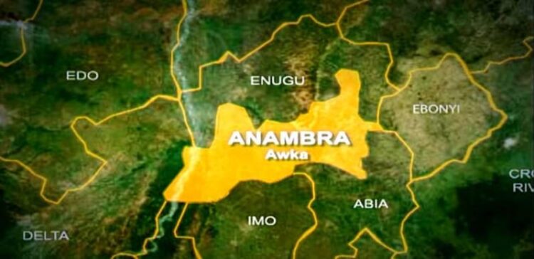 Anambra State highlighted on a map of Nigeria, showing its neighbouring states including Enugu, Eboniyi, Abia, and Imo, with Anambra's capital, Awka, marked prominently for geographical context.