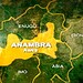 Anambra State highlighted on a map of Nigeria, showing its neighbouring states including Enugu, Eboniyi, Abia, and Imo, with Anambra's capital, Awka, marked prominently for geographical context.