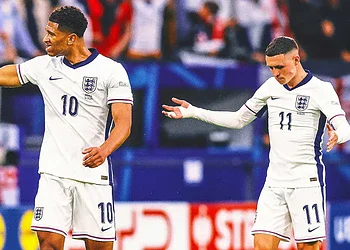 England football players celebrating during a match, wearing white kits with navy details, on a vibrant stadium pitch. Focus on player number 10 and 11, showcasing teamwork and national team spirit in international football.