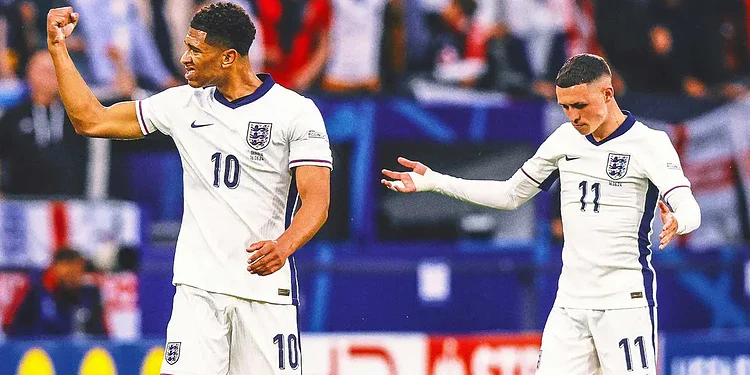 England football players celebrating during a match, wearing white kits with navy details, on a vibrant stadium pitch. Focus on player number 10 and 11, showcasing teamwork and national team spirit in international football.