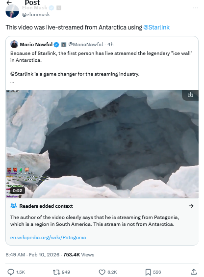 Screenshot 2026 02 10 at 09 51 45 Elon Musk on X This video was live streamed from Antarctica using @Starlink X