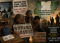 Grieving Nigerian parents surrounded by school items and protest signs demanding the release of abducted children in Oyo and Borno states.