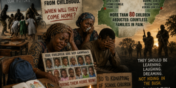 Grieving Nigerian parents surrounded by school items and protest signs demanding the release of abducted children in Oyo and Borno states.