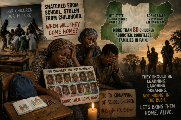 Grieving Nigerian parents surrounded by school items and protest signs demanding the release of abducted children in Oyo and Borno states.